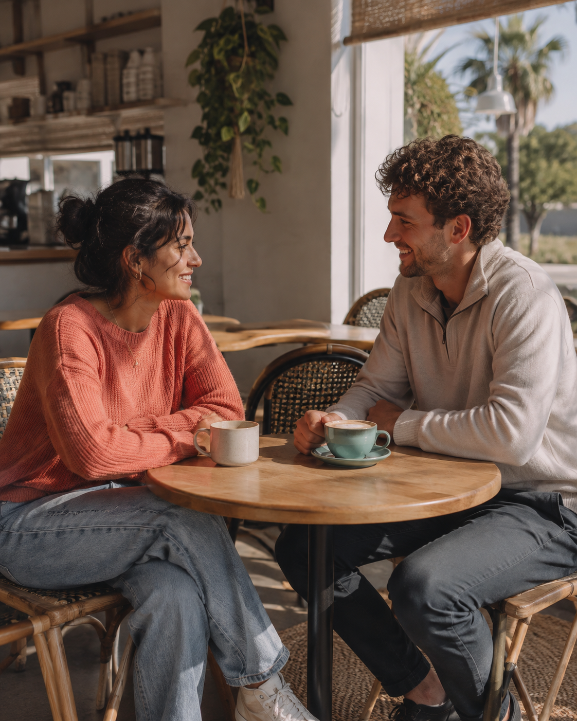 Two people meeting spontaneously for coffee